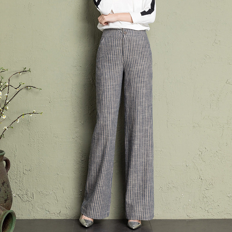 2022 Spring/Summer thin high-waisted wide-leg artistic cotton and linen pants, women's striped long pants, linen casual women's pants, large size, slimming Application Scenario